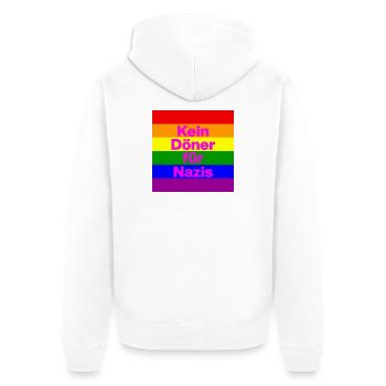 KEIN DÖNER FÜR NAZIS, NIE WIEDER IST JETZT, NO NZS - Unisex Premium Bio Zip Hoodie - Weiß - Hinten - Thijin (182cm)