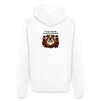 Début de l’aventure dans le jardin - Bouledogue et roses rouges - Veste à capuche bio Premium Unisexe - blanc - Dos - Thijin (182cm)