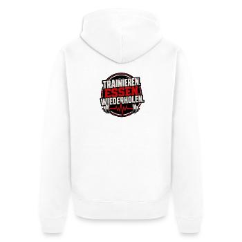 Trainieren. Essen. Wiederholen. – Fitness - Unisex Premium Bio Zip Hoodie - Weiß - Hinten - Thijin (182cm)