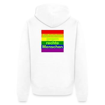 AUFSTEHEN GEGEN RECHTE MENSCHEN NIE WIEDER, NO NZS - Unisex Premium Bio Zip Hoodie - Weiß - Hinten - Thijin (182cm)