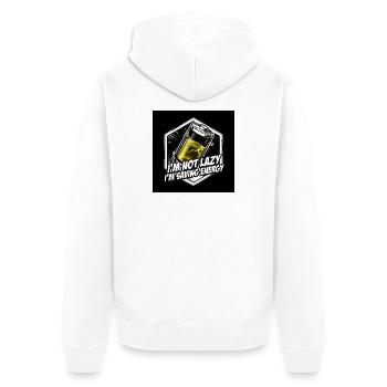 Energiesparheld: Akku Power - Unisex Premium Bio Zip Hoodie - Weiß - Hinten - Thijin (182cm)