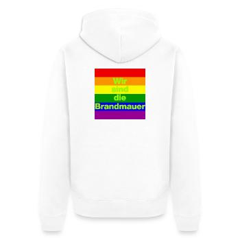 Wir sind die Brandmauer, NO NZS, NO AFD, FRIEDEN - Unisex Premium Bio Zip Hoodie - Weiß - Hinten - Thijin (182cm)