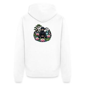 Ninja Meditation am Lotussee - Unisex Premium Bio Zip Hoodie - Weiß - Hinten - Thijin (182cm)