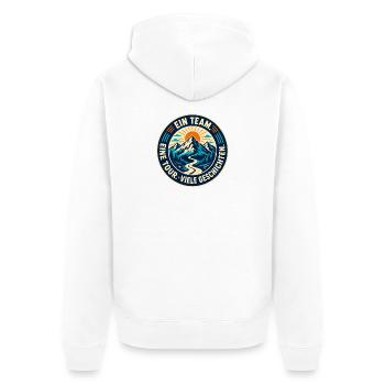 Ein Team – Eine Tour – Viele Geschichten - Unisex Premium Bio Zip Hoodie - Weiß - Hinten - Thijin (182cm)