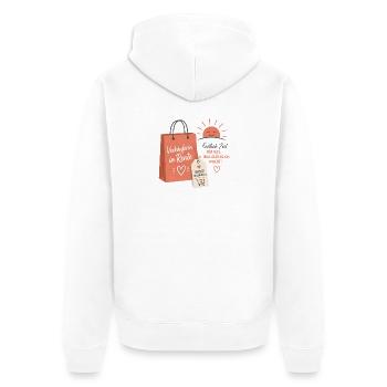 Verkäuferin in Rente – Aufgehende Sonne & Tasche - Unisex Premium Bio Zip Hoodie - Weiß - Hinten - Thijin (182cm)