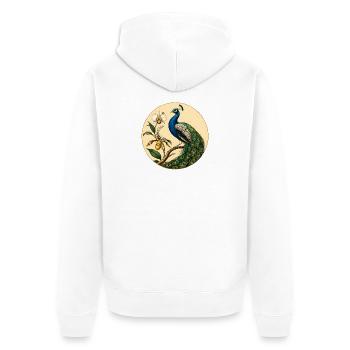 Blauer Pfau auf goldenem Blumenkreis - Unisex Premium Bio Zip Hoodie - Weiß - Hinten - Thijin (182cm)