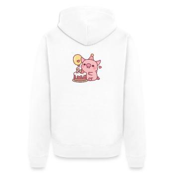 Süßes Schwein mit Geburtstagskuchen und Ballon - Unisex Premium Bio Zip Hoodie - Weiß - Hinten - Thijin (182cm)
