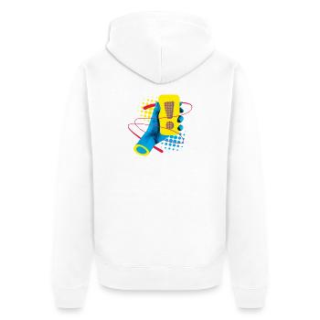 Neon Exklamation Gadget - Unisex Premium Bio Zip Hoodie - Weiß - Hinten - Thijin (182cm)