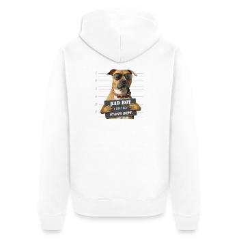 Badboy mit rotem Staffie-Gerichtsschild – 012 - Unisex Premium Bio Zip Hoodie - Weiß - Hinten - Thijin (182cm)