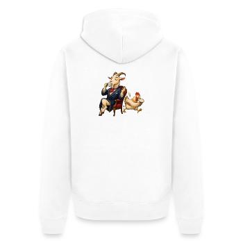 Ziege als Gentleman bei Tee mit hektischem Huhn - Unisex Premium Bio Zip Hoodie - Weiß - Hinten - Thijin (182cm)