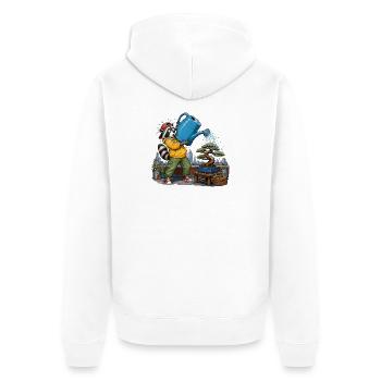 Waschbär gießt Bonsai auf der Dachterrasse Chaos - Unisex Premium Bio Zip Hoodie - Weiß - Hinten - Thijin (182cm)
