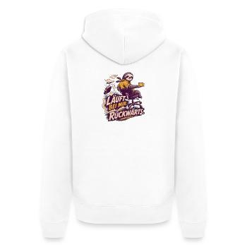 Läuft bei mir rückwärts – Büro Faultier - Unisex Premium Bio Zip Hoodie - Weiß - Hinten - Thijin (182cm)