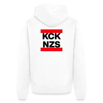 KCK NZS! STATEMENT AGAINST NEO-NAZIS, NEVER AGAIN - Unisex Premium Organic Zip Hoodie - white - Back - Thijin (182cm)
