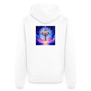 Croix de lotus florale dans le ciel étoilé - Veste à capuche bio Premium Unisexe - blanc - Dos - Thijin (182cm)