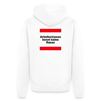 ARBEITERKLASSE KENNT KEINE RASSE, NIE WIEDER JETZT - Unisex Premium Bio Zip Hoodie - Weiß - Hinten - Thijin (182cm)