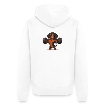 Teckel de fitness – une force forte à la salle de sport - Veste à capuche bio Premium Unisexe - blanc - Dos - Thijin (182cm)
