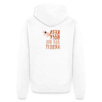 Lustige Spiegelschrift "Kein Bock auf die Arbeit" - Unisex Premium Bio Zip Hoodie - Weiß - Hinten - Thijin (182cm)