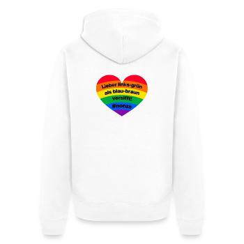 LIEBER LINKS GRÜN ALS BRAUN BLAU VERSIFFT, NO NZS - Unisex Premium Bio Zip Hoodie - Weiß - Hinten - Thijin (182cm)