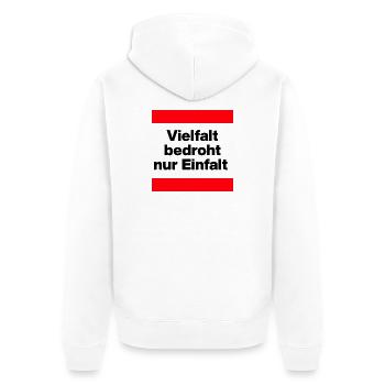 VIELFALT BEDROHT NUR EINFALT, FÜR EINE BUNTE WELT - Unisex Premium Bio Zip Hoodie - Weiß - Hinten - Thijin (182cm)