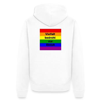 VIELFALT BEDROHT NUR EINFALT, FÜR EINE BUNTE WELT - Unisex Premium Bio Zip Hoodie - Weiß - Hinten - Thijin (182cm)