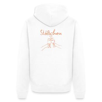 STÖßCHEN, PARTY, GESELLIGKEIT, DAYDRINKING 🥂🥂🥂 - Unisex Premium Bio Zip Hoodie - Weiß - Hinten - Thijin (182cm)