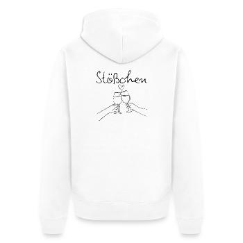 STÖßCHEN, PARTY, GESELLIGKEIT, DAYDRINKING 🥂🥂🥂 - Unisex Premium Bio Zip Hoodie - Weiß - Hinten - Thijin (182cm)