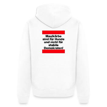 PRO MEINUNGSFREIHEIT, MAULKÖRBE SIND FÜR HUNDE - Unisex Premium Bio Zip Hoodie - Weiß - Hinten - Thijin (182cm)