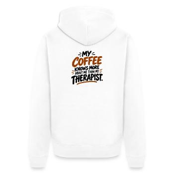 Mein Kaffee weiß mehr über mich als mein Therapeut - Unisex Premium Bio Zip Hoodie - Weiß - Hinten - Thijin (182cm)