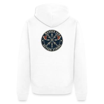 Wander Far, Return Strong — Kreissiegel - Unisex Premium Bio Zip Hoodie - Weiß - Hinten - Thijin (182cm)