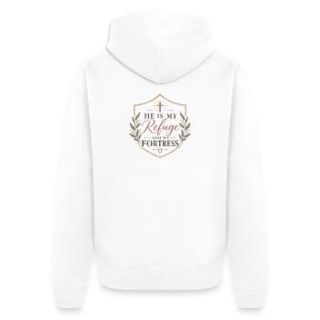 Er ist meine Zuflucht und Festung - Unisex Premium Bio Zip Hoodie - Weiß - Hinten - Thijin (182cm)