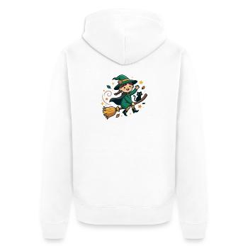Süße Hexe, die auf einem Besen fliegt, mit schwarzer Katze - Unisex Premium Bio Zip Hoodie - Weiß - Hinten - Thijin (182cm)