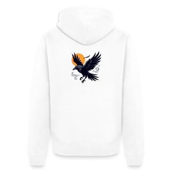 Schwarzer Rabe, der gegen einen leuchtend orangefarbenen Mond schwebt - Unisex Premium Bio Zip Hoodie - Weiß - Hinten - Thijin (182cm)