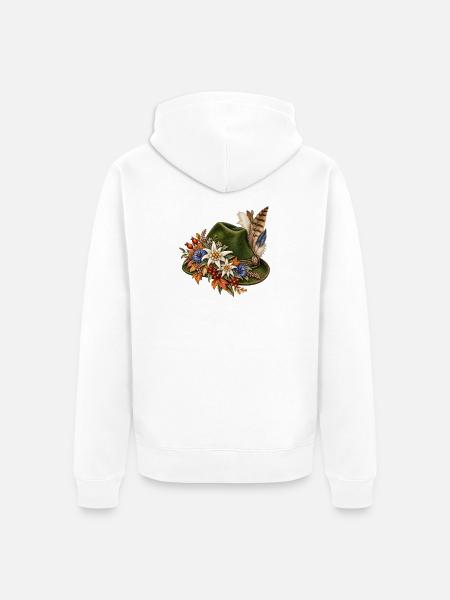 Trachtenhut mit Edelweiß & Federn - Unisex Premium Bio Zip Hoodie - Weiß