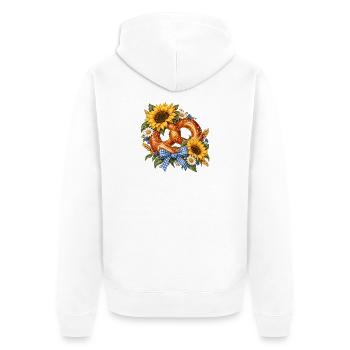 Brezel mit Sonnenblumen & Trachtenschleife - Unisex Premium Bio Zip Hoodie - Weiß - Hinten - Thijin (182cm)