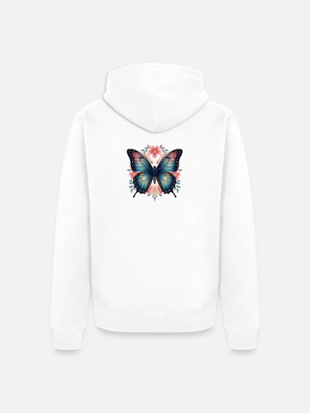 Blauer Schmetterling und Blumenblüten - Unisex Premium Bio Zip Hoodie - Weiß