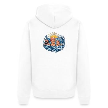 Kaltwassergruppe – Zusammen rein ins Wasser - Unisex Premium Bio Zip Hoodie - Weiß - Hinten - Thijin (182cm)