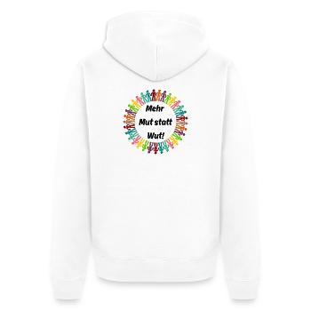 MEHR MUT STATT WUT BUNTE MENSCHENKETTE, NIE WIEDER - Unisex Premium Bio Zip Hoodie - Weiß - Hinten - Thijin (182cm)