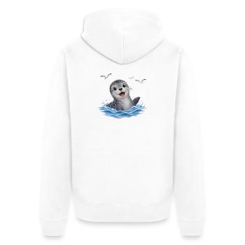 Fröhliche Robbe im Spritzwasser - Unisex Premium Bio Zip Hoodie - Weiß - Hinten - Thijin (182cm)
