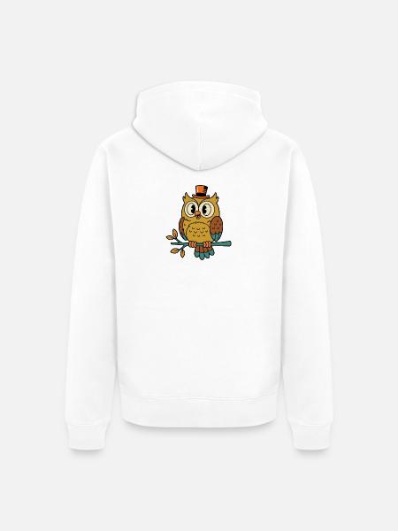 Verspielte Retro-Cartoon-Eule mit Zylinder - Unisex Premium Bio Zip Hoodie - Weiß