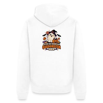 Ich bin nur wegen der Süßigkeiten hier Halloween  - Unisex Premium Bio Zip Hoodie - Weiß - Hinten - Thijin (182cm)
