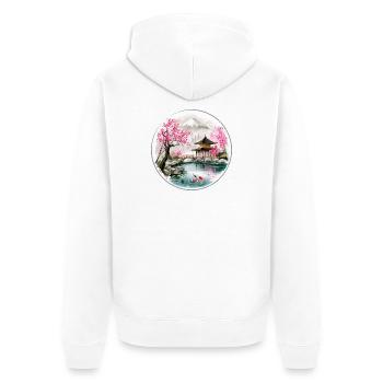 Japanischer Teich im Kirschblüten-Pavillon - Unisex Premium Bio Zip Hoodie - Weiß - Hinten - Thijin (182cm)
