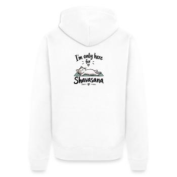 I'm only here for Shavasana – Yoga Katze - Unisex Premium Bio Zip Hoodie - Weiß - Hinten - Thijin (182cm)