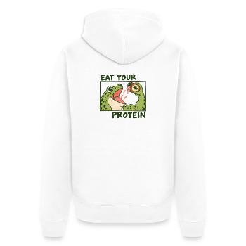 Lustig: Eß deinen Protein-Gym-Frosch - Unisex Premium Bio Zip Hoodie - Weiß - Hinten - Thijin (182cm)