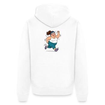 Korpulente Comic Frau beim Jogging Sport Spaß Shir - Unisex Premium Bio Zip Hoodie - Weiß - Hinten - Thijin (182cm)