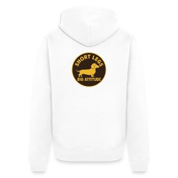 Kurzbein Große Attitüde – Dackel Motiv - Unisex Premium Bio Zip Hoodie - Weiß - Hinten - Thijin (182cm)