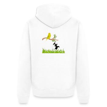 Sonniger Singvogel und Neugierige Katze - Unisex Premium Bio Zip Hoodie - Weiß - Hinten - Thijin (182cm)