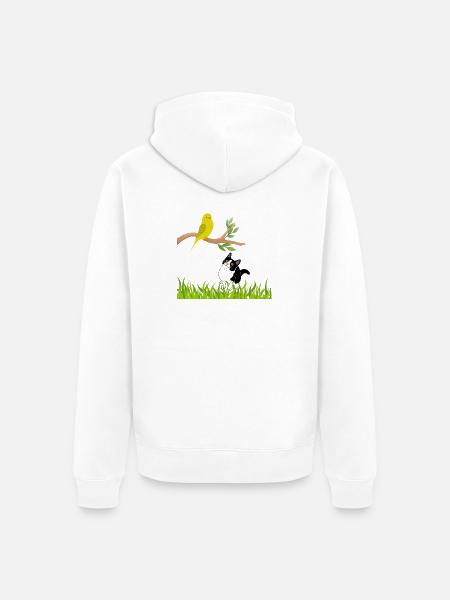 Sonniger Singvogel und Neugierige Katze - Unisex Premium Bio Zip Hoodie - Weiß