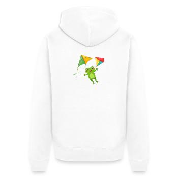 Grüner Comic Frosch mit zwei Flugdrachen Shirt - Unisex Premium Bio Zip Hoodie - Weiß - Hinten - Thijin (182cm)