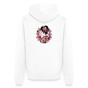 Geisha Silhouette mit Kirschblüten Japan Motiv - Unisex Premium Bio Zip Hoodie - Weiß - Hinten - Thijin (182cm)