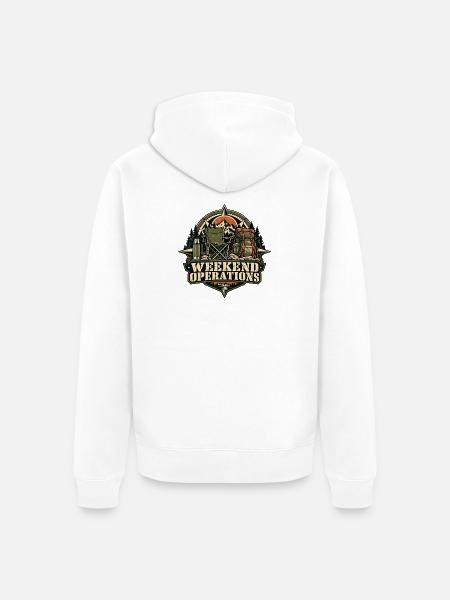 Weekend Operations – Retro-Campingmotiv - Unisex Premium Bio Zip Hoodie - Weiß